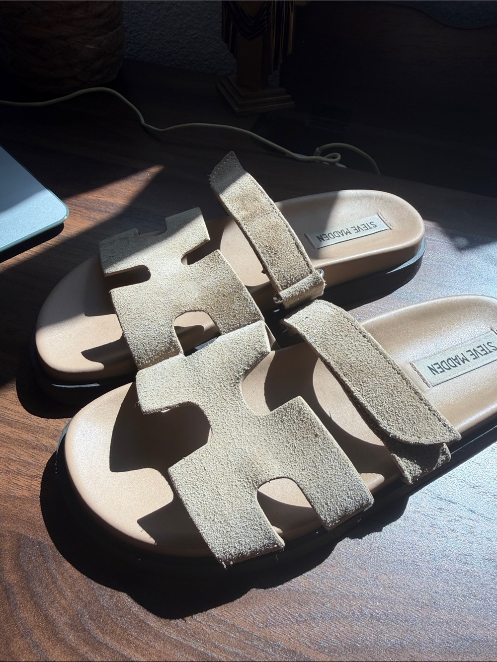 Steve Madden Kids Tan Suede Slide Sandals with Cutout Straps